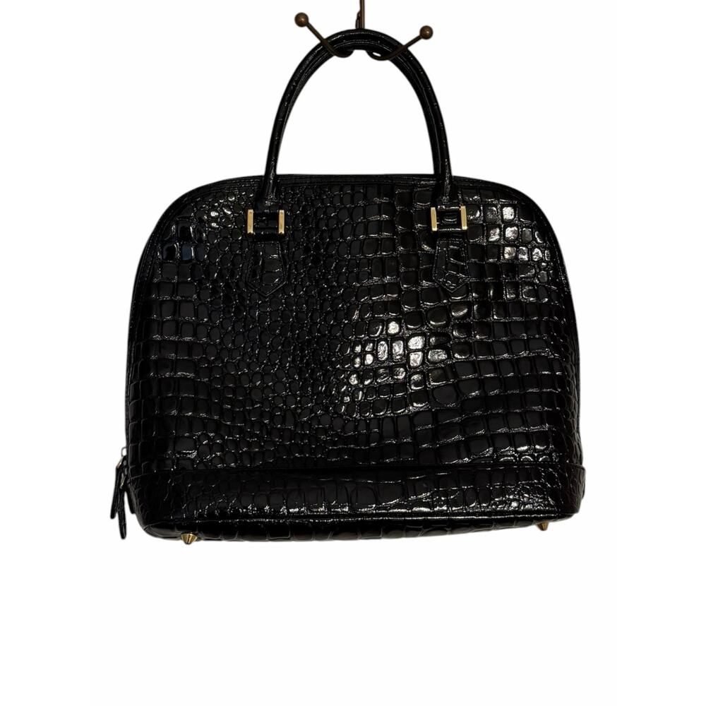 Lord & Taylor Genuine Leather Black Croc Embossed Doctor Bag Satchel Minimalist